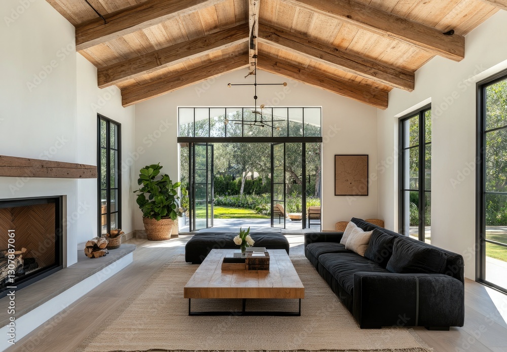 Naklejka premium Modern farmhouse living room, high ceilings, garden view, sunlit interior, home design