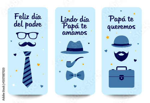 Tarjetas feliz día del padre, con elementos, sombrero, bigote, corbata, portafolio, lentes, en color azul.