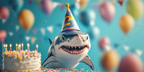 Shark celebrates birthday with cake and balloons in a festive party atmosphere