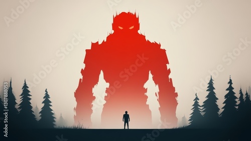 A lone figure confronts a colossal, red giant in a misty forest.  A dramatic scene of epic proportions.