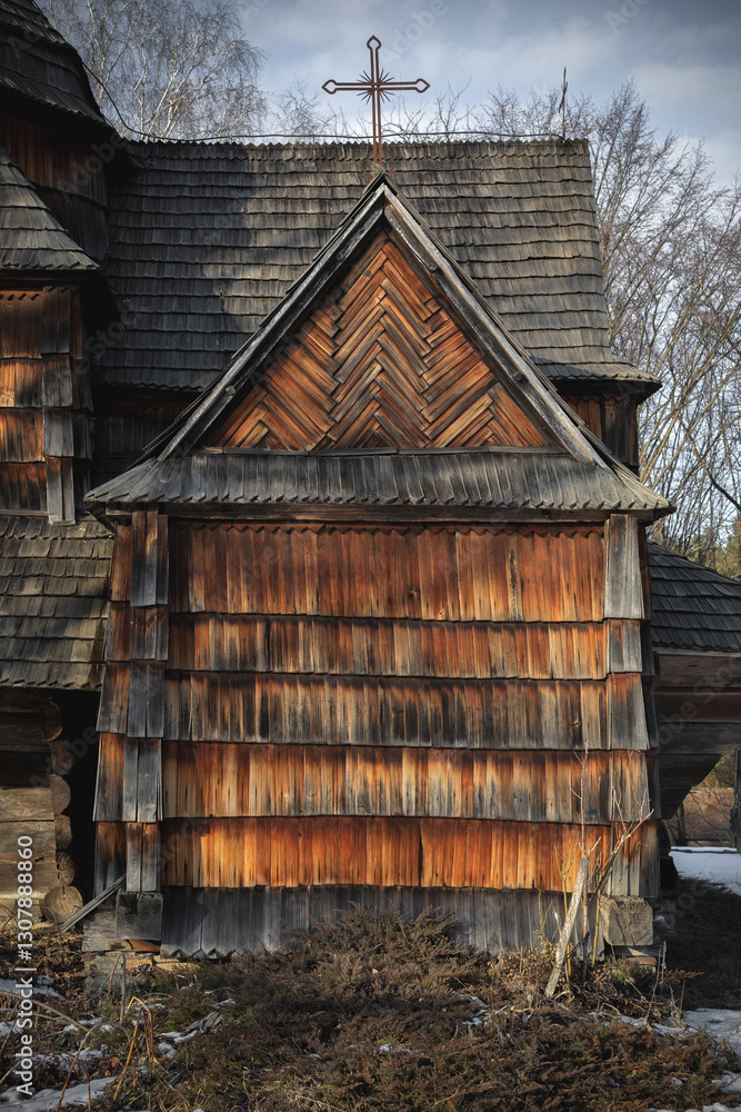 A fragment of an old wooden church in Ukraine. A fragment of an old wooden church in Ukraine.