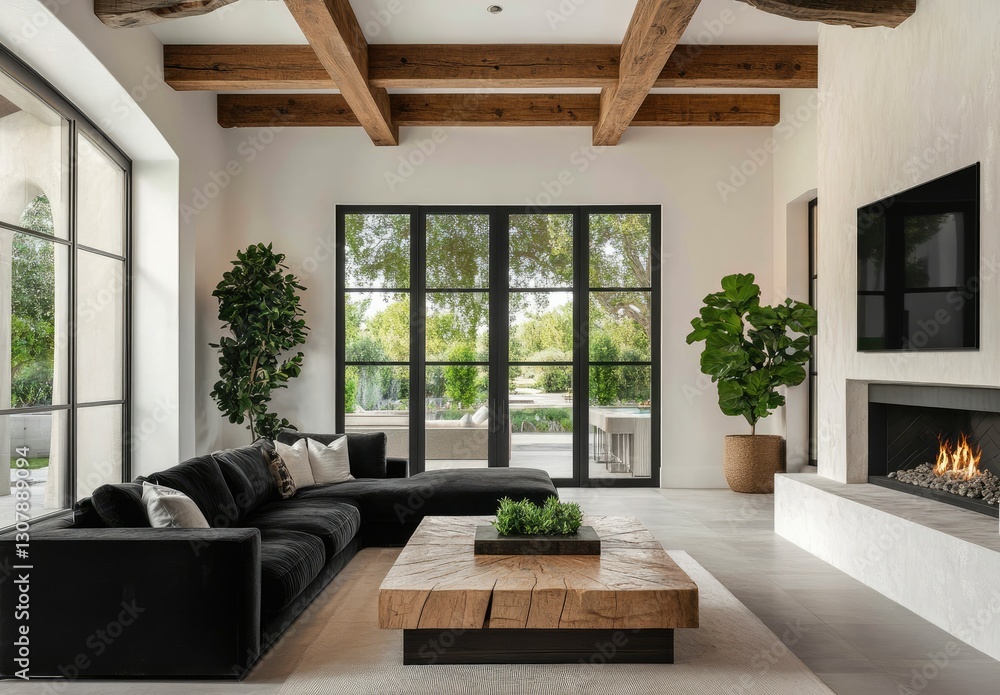 Fototapeta premium Modern living room, luxury home, backyard view, fireplace, design