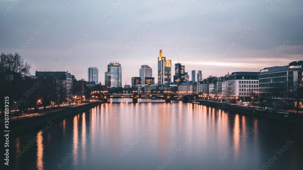 Frankfurt Skyline at Dusk, River Reflection, Cityscape Frankfurt Skyline at Dusk, River Reflection, Cityscape