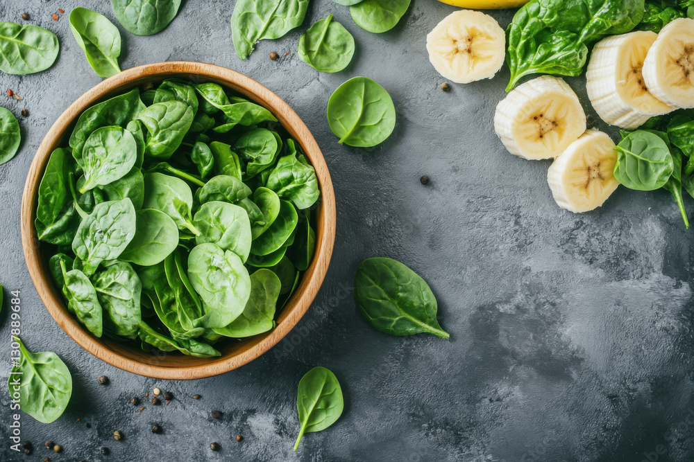 Obraz premium Fresh spinach and banana slices with black pepper for healthy smoothie making
