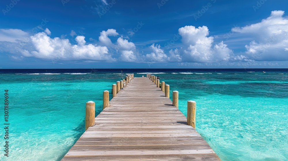 Obraz premium Coastal resort with a wooden pier extending into calm turquoise waters.