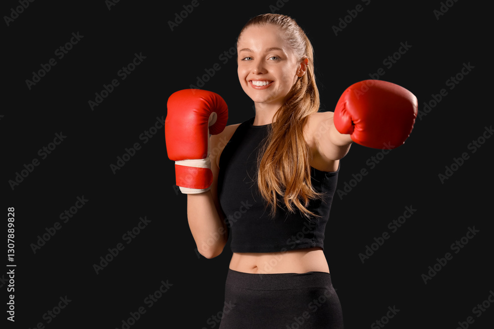 Fototapeta premium Sporty young woman with boxing gloves on black background