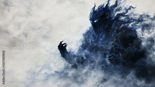 A shadowy, ominous figure emerges from a swirling cloud of smoke, its form indistinct yet menacing.