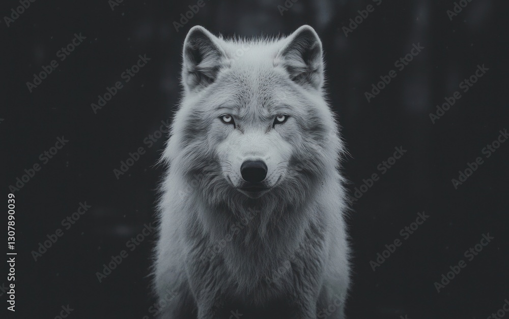 Obraz premium Majestic arctic wolf portrait in monochrome, intense gaze, dark background.