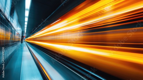 Speed and Motion, Subway Train's Blurred Passage Through a Modern Urban Tunnel