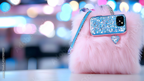 Pink Fluffy Phone Case Bag with Glitter Detail