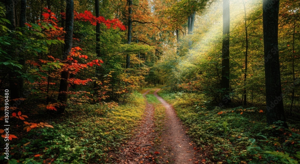Fototapeta premium Sunlight filters through trees in tranquil forest pathway during autumn
