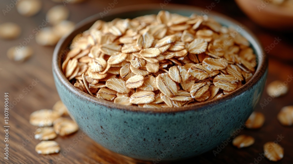 Bowl of Oats on Wooden Table in Natural Light, Close-up Breakfast Scene Bowl of Oats on Wooden Table in Natural Light, Close-up Breakfast Scene