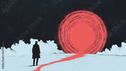Wallpaper Mural A lone figure walks toward a vibrant red circular portal in a surreal landscape.  Intriguing and mysterious. Torontodigital.ca
