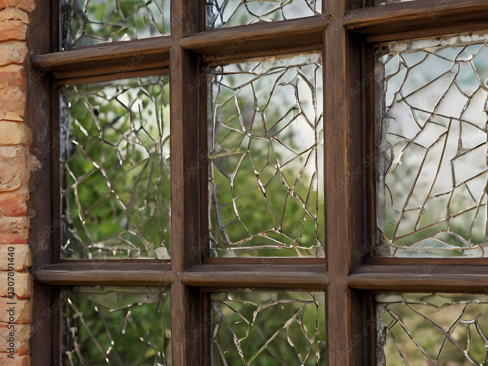 Fototapeta premium A Glimpse Through Antique Stained Glass: A close-up view of an antique window with intricately patterned stained glass, framed by weathered wood, offering a glimpse of nature