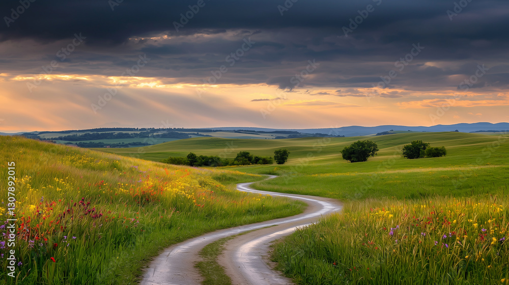 Dramatic landscape under dark clouds with wildflowers and misty trees Dramatic landscape under dark clouds with wildflowers and misty trees