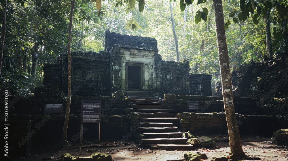 Famous ancient temple ruins with informative signs about historical significance. Famous ancient temple ruins with informative signs about historical significance.