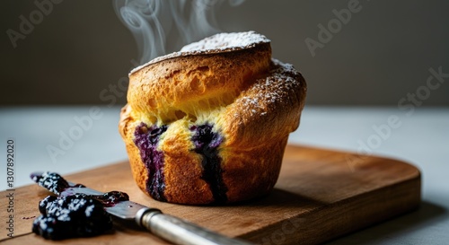 Steaming blueberry popover on wooden board with jam knife photo