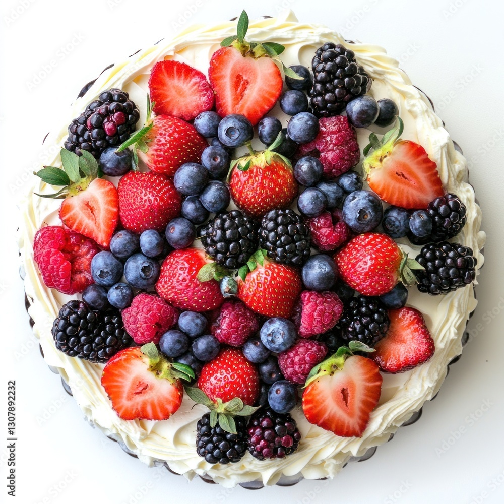 Obraz premium Fresh fruit topped round cake.