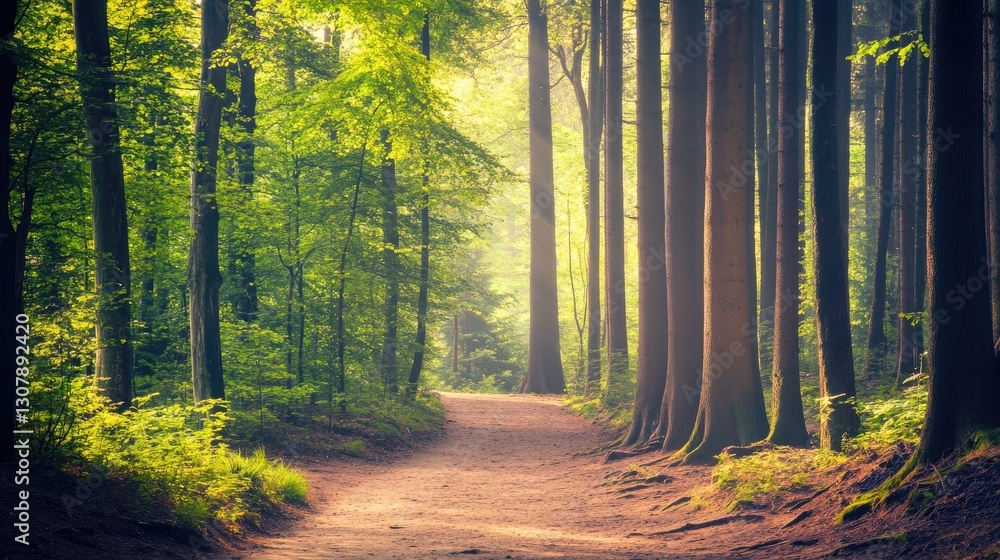 Obraz premium Forest bathing experience with a pathway through tall trees and fresh air.