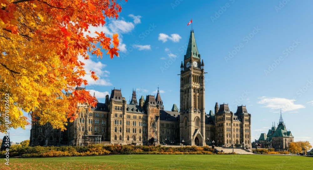 Naklejka premium Canadian parliament building framed by autumn leaves under blue sky