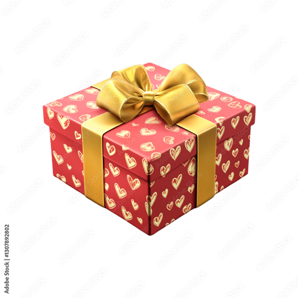 Obraz premium Red gift box with gold ribbon and hearts design Valentines Day present,