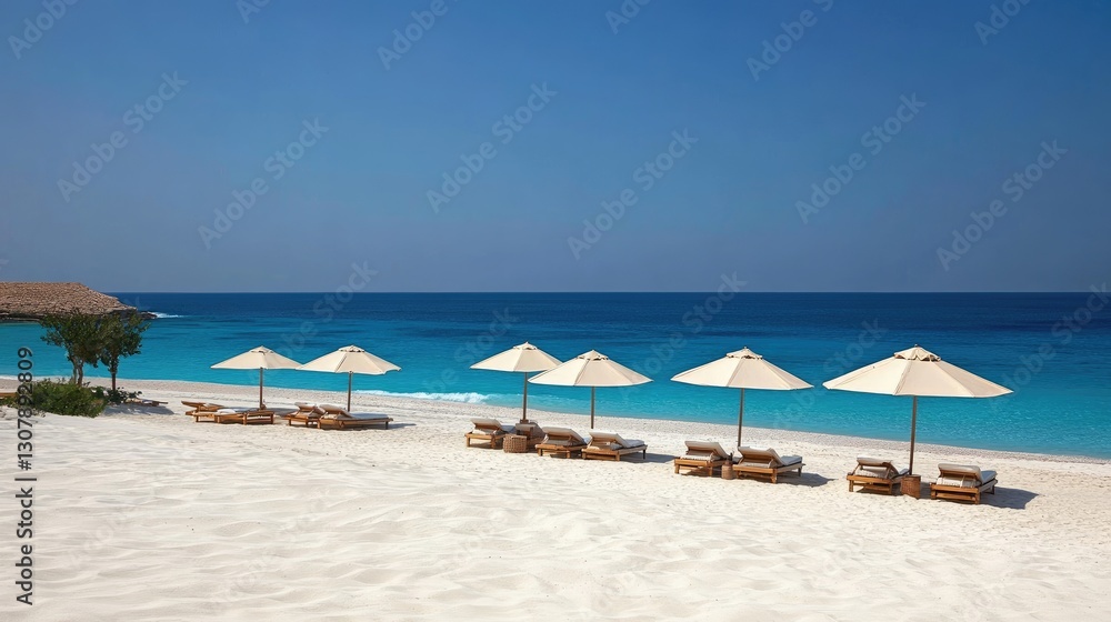 Golden sandy beach with luxurious sun loungers under elegant umbrellas.