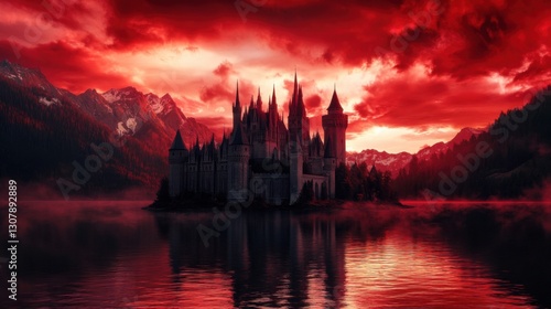 Castelo gótico refletido na água