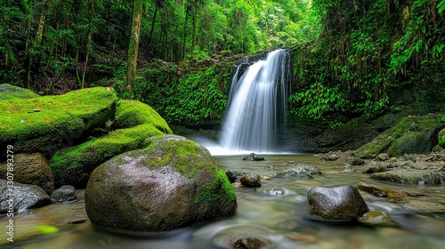 Hidden jungle waterfall with moss-covered rocks and tropical greenery.