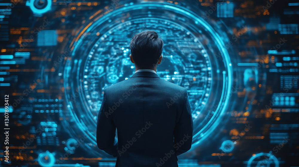 Businessman Analyzing Digital Data in Futuristic Technology Environment Businessman Analyzing Digital Data in Futuristic Technology Environment