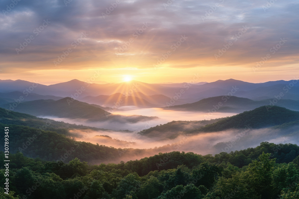 Obraz premium Sun rising over the great smoky mountains national park with fog covering the valley