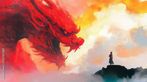 A lone figure gazes up at a massive, fiery red dragon against a vibrant sunset. A dramatic scene of power and wonder.