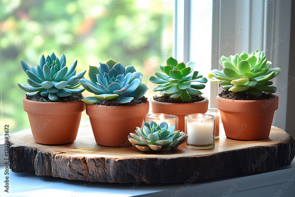 four potted succulents in tiny terracotta pots on a rustic wooden tray, four potted succulents in tiny terracotta pots on a rustic wooden tray,