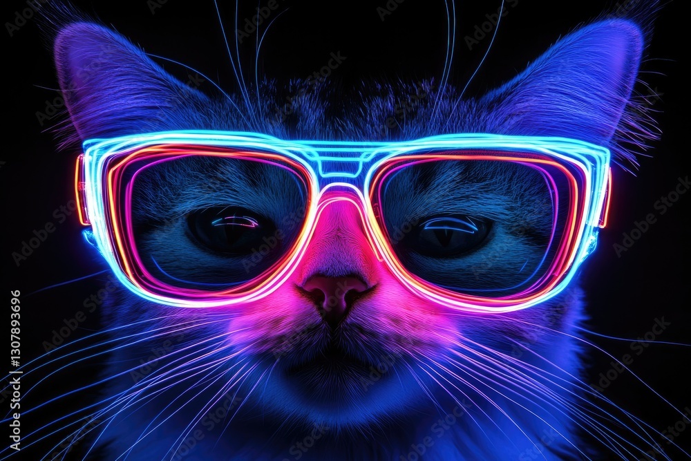 Fototapeta premium Neon cat sunglasses, dark background, vibrant, digital art, poster