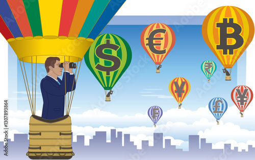 business man with binoculars, floating in a hot air balloon above clouds viewing other hot air balloons with different currencies on each balloon, with sky and building in the background
