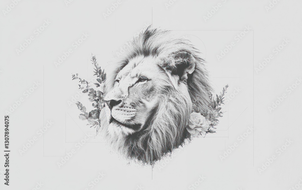 Obraz premium Majestic lion portrait in monochrome, framed by foliage.