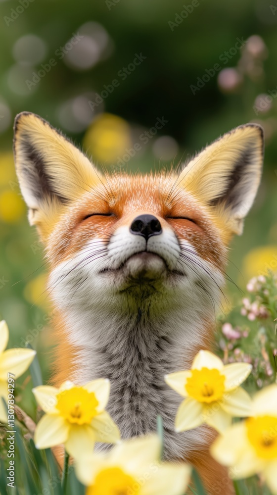 Fototapeta premium Adorable fox surrounded by blooming daffodils in vibrant nature scene