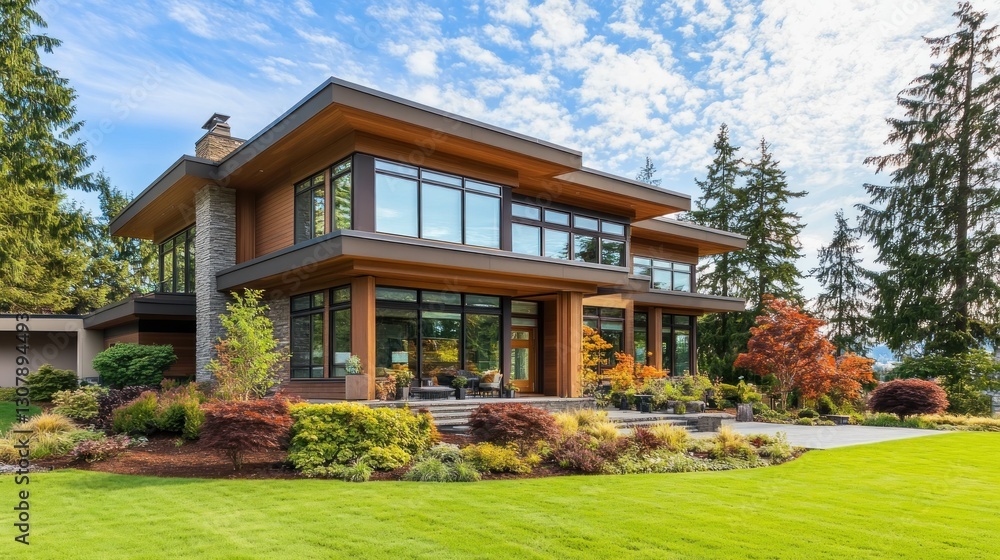 Modern architectural home with manicured lawn and landscaping design Modern architectural home with manicured lawn and landscaping design