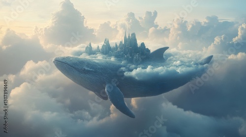 Baleia flutuando nuvens cidade