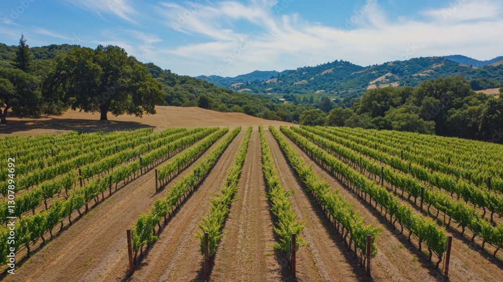 Vineyard vista, Rows of grape vines stretching into the distance under a serene sky Vineyard vista, Rows of grape vines stretching into the distance under a serene sky