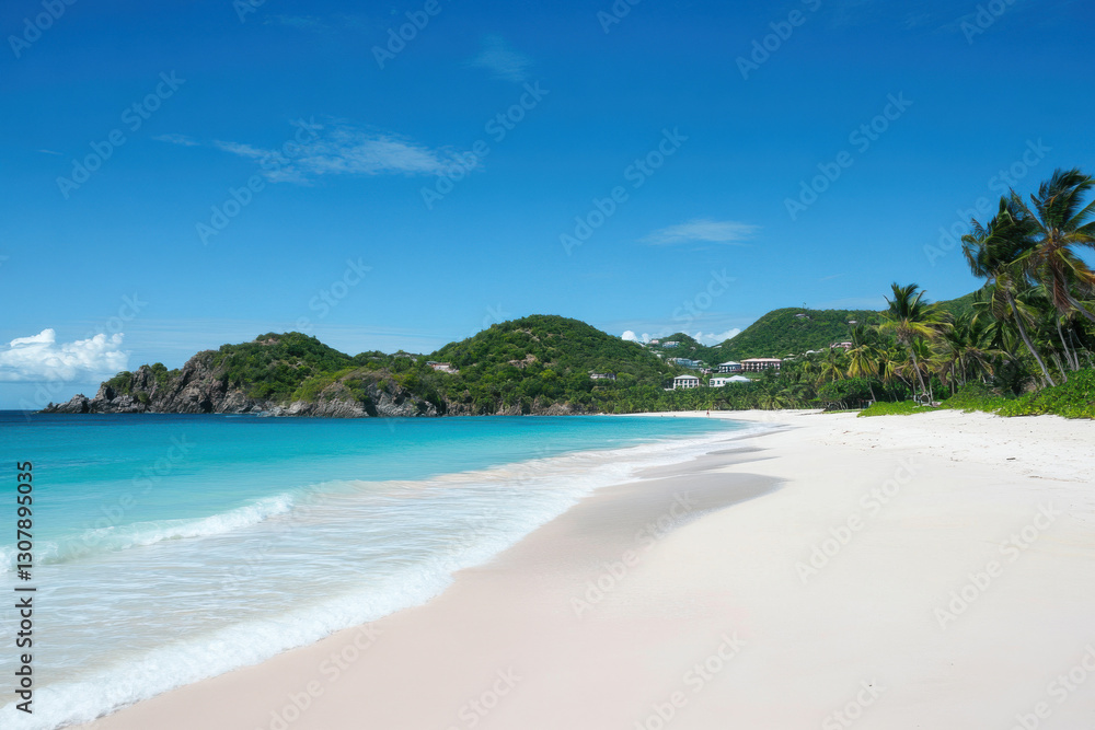 Pristine pink sand beach meeting turquoise water in tropical paradise Pristine pink sand beach meeting turquoise water in tropical paradise