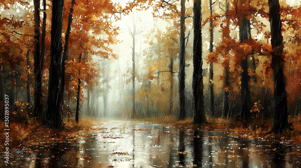 Obraz premium Rain-soaked forest with glistening leaves and tranquil atmosphere