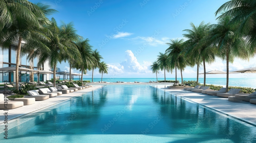 Fototapeta premium Luxurious beachfront resort with palm trees and crystal-clear waters.