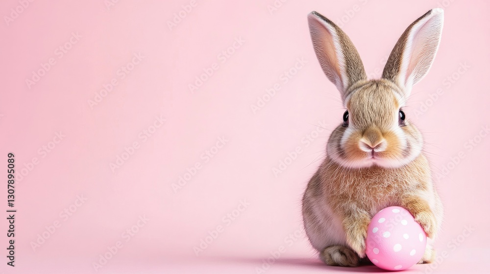 Obraz premium Photo of a little bunny, on a soft pink background Easter theme