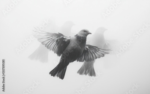 A grayscale image of a bird in flight, with blurred ghostly images of other birds in the mist.