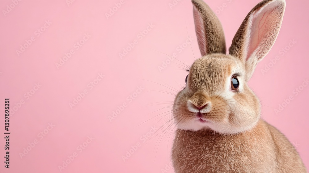 Obraz premium Photo of a little bunny, on a soft pink background Easter theme