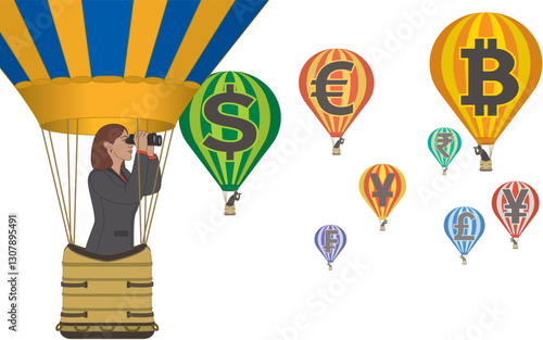 business woman with binoculars, floating in a hot air balloon viewing other hot air balloons with different currencies on each balloon, isolated on a white background
