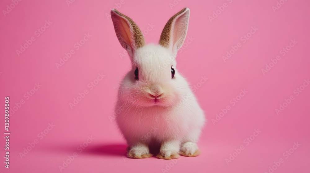 Fototapeta premium Photo of a little bunny, on a soft pink background Easter theme