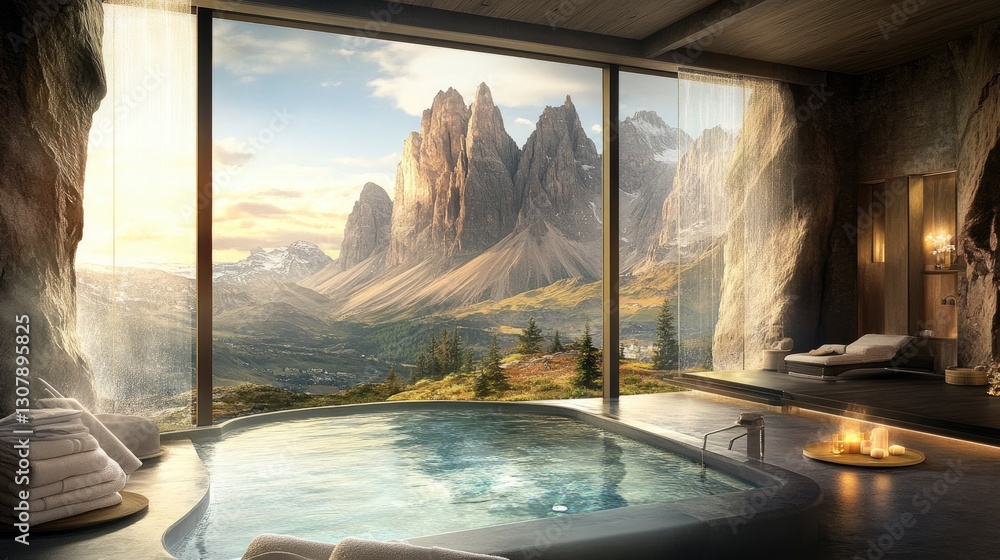 Fototapeta premium Luxury wellness resort spa with an infinity pool overlooking a mountain range.