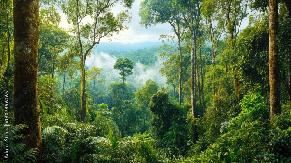 Fototapeta premium Misty rainforest with towering trees and thick vegetation, capturing biodiversity.