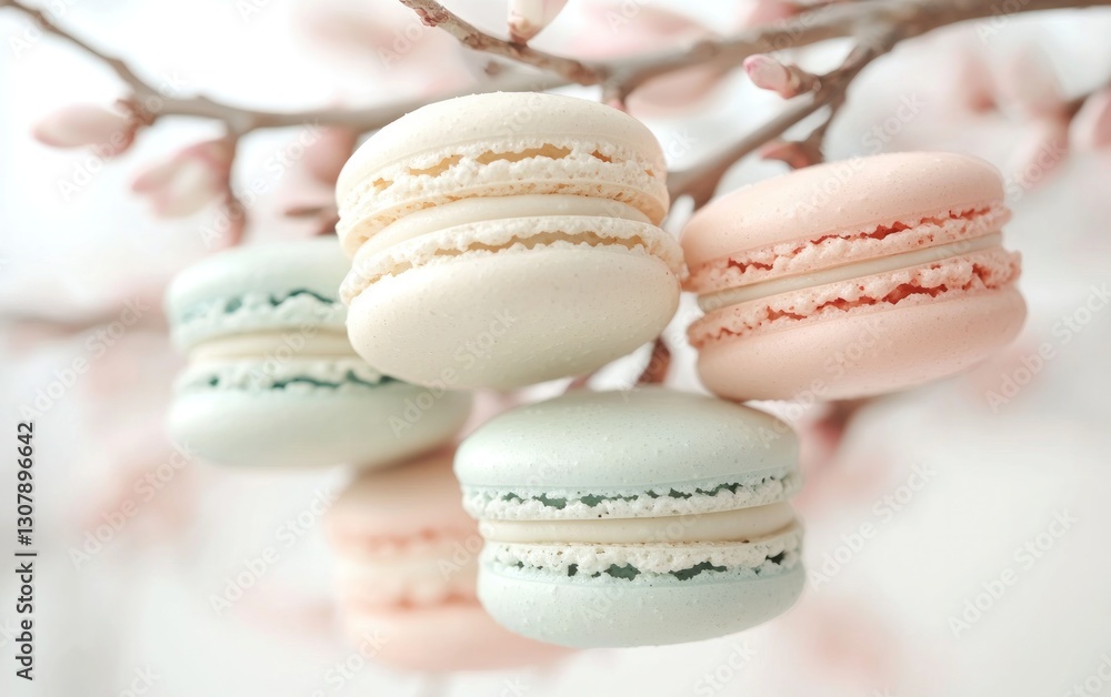 Fototapeta premium Pastel macarons hanging from a blossoming branch.